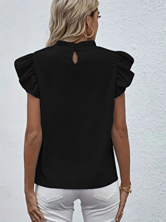 Kadın Kısa Kollu Fırfır Yakalı Bürümcük Bluz