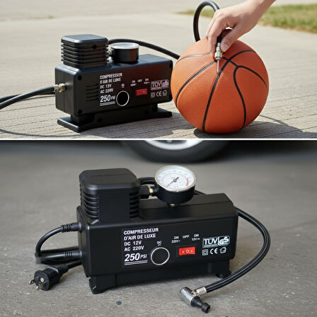 250 PSI Güçlü Taşınabilir Hava Kompresörü–Araba, Motosiklet, Bisiklet ve Top Şişirme İçin Elektrikli Fişli Çakmaklıklı Lastik Şişirme Pompası