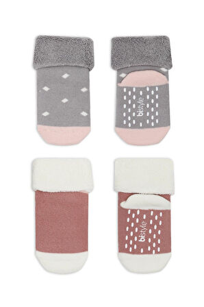 Bistyle Puanlı Kaymaz Havlu Soket Çorap 2'Li BS10502 Gri Pudra