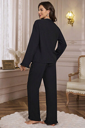 Kadın Siyah Önden Bağlamalı Kolu Ve Paçası Fırfır Detaylı Uzun Kollu Pijama Takımı - Siyah - L-XL