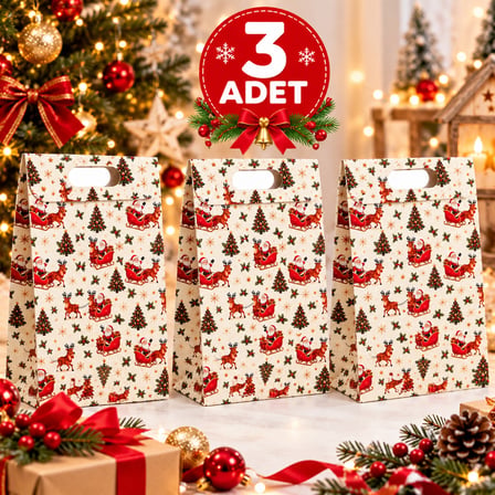 BakGelAl 3'li Yılbaşı Hediye Çantası Seti – Noel Baba ve Geyik Desenli Büyük Boy 24x35x9 cm