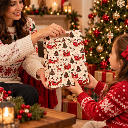 BakGelAl 3'li Yılbaşı Hediye Çantası Seti – Noel Baba ve Geyik Desenli Büyük Boy 24x35x9 cm