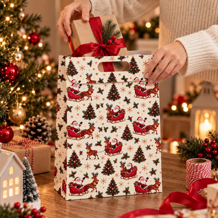 BakGelAl 3'li Yılbaşı Hediye Çantası Seti – Noel Baba ve Geyik Desenli Büyük Boy 24x35x9 cm