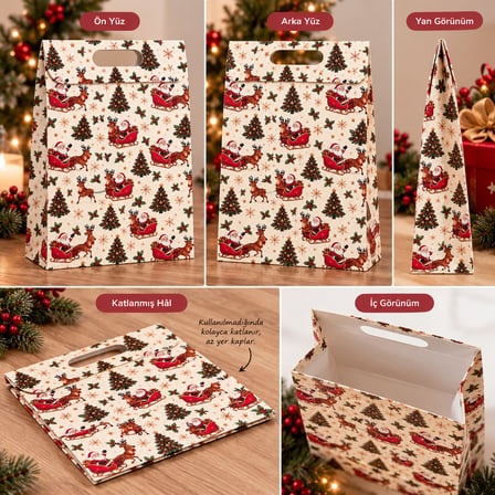 BakGelAl 3'li Yılbaşı Hediye Çantası Seti – Noel Baba ve Geyik Desenli Büyük Boy 24x35x9 cm