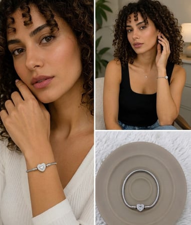 💎 Premium Gümüş Renk Parlak ve Modern Taş Detaylı Kalp Charm 316L Çelik Bileklik (~18cm)