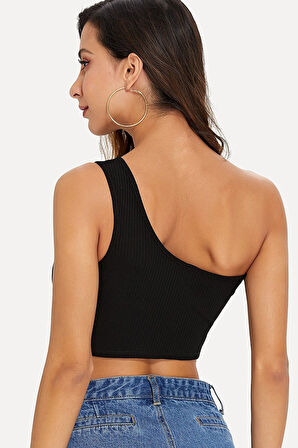 Kadın Siyah Tek Omuz Crop Büstiyer - Siyah - XL