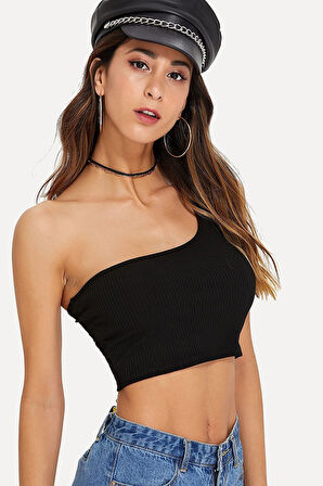 Kadın Siyah Tek Omuz Crop Büstiyer - Siyah - XL