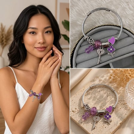 💎 Premium Mor Kalp ve Anahtar Charm Detaylı Gümüş Renk Kadın Charm Bijuteri Bileklik (20cm)