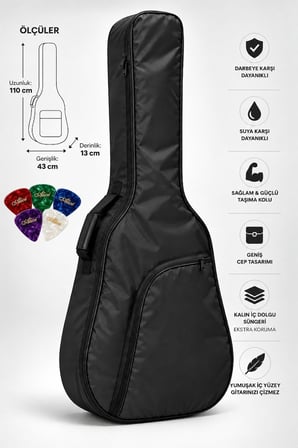AGC-42BK Siyah Akustik Gitar Kılıfı Kalın Pedli Suya Dayanıklı Gitar Çantası Softcase