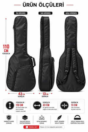 AGC-42BK Siyah Akustik Gitar Kılıfı Kalın Pedli Suya Dayanıklı Gitar Çantası Softcase