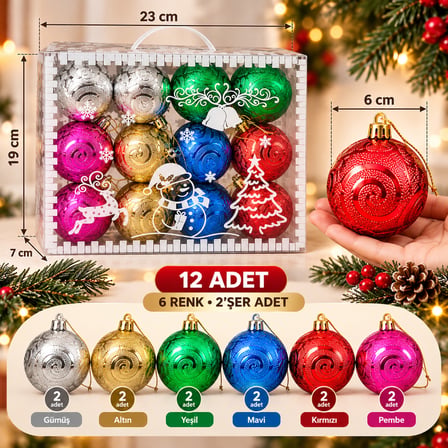 BakGelAl 12 Adet Lüks Yılbaşı Ağaç Süsü Seti - 6 Renk 6 cm Kabartma Spiral Desenli Çam Ağacı Topları