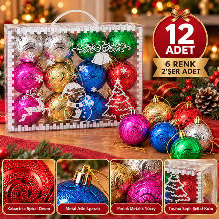 BakGelAl 12 Adet Lüks Yılbaşı Ağaç Süsü Seti - 6 Renk 6 cm Kabartma Spiral Desenli Çam Ağacı Topları