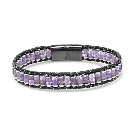  FM Ametist & Hematit Çelik Örgülü Deri Bileklik 31832B22D7  -  21Cm 
