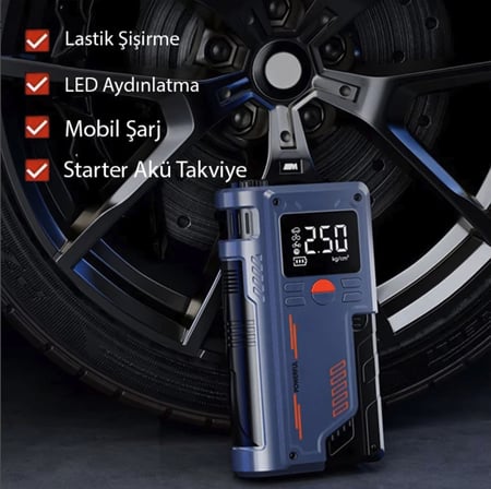Digital gösterge Turbo akü takviye ve lastik şişirme pompası powerbank akü starter PSI basınç göstergeli el feneri acil durum seti