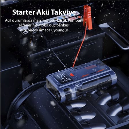 Digital gösterge Turbo akü takviye ve lastik şişirme pompası powerbank akü starter PSI basınç göstergeli el feneri acil durum seti