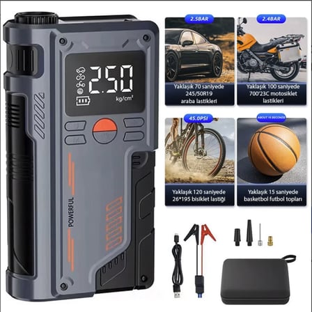 Digital gösterge Turbo akü takviye ve lastik şişirme pompası powerbank akü starter PSI basınç göstergeli el feneri acil durum seti