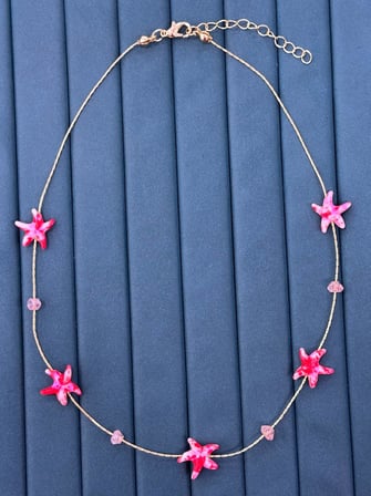 💎 Premium Parlak Gold Renk Pembe Deniz Yıldızı Figürlü Boncuk Detaylı Zincir Kadın Bijuteri Kolye (45cm)