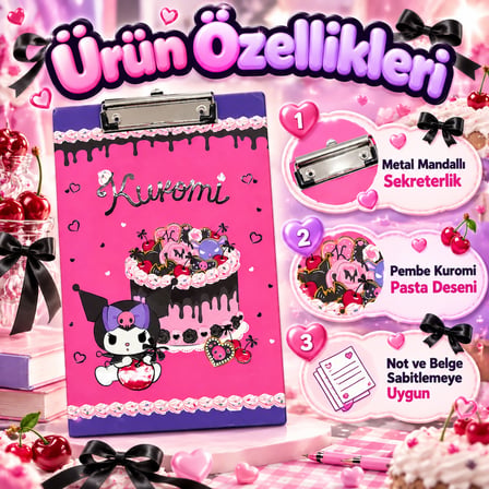 BakGelAl Kuromi Pembe Pasta ve Kalp Temalı Metal Mandal Klipsli Sekreterlik ve Bloknot Altlığı (A4 Uyumlu)