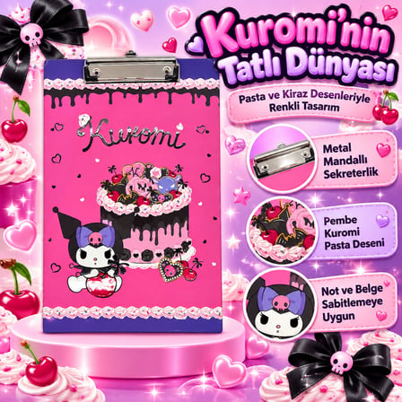 BakGelAl Kuromi Pembe Pasta ve Kalp Temalı Metal Mandal Klipsli Sekreterlik ve Bloknot Altlığı (A4 Uyumlu)