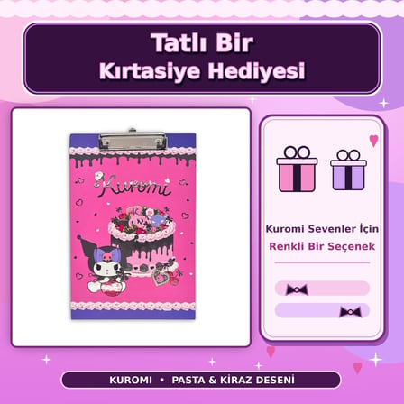 BakGelAl Kuromi Pembe Pasta ve Kalp Temalı Metal Mandal Klipsli Sekreterlik ve Bloknot Altlığı (A4 Uyumlu)