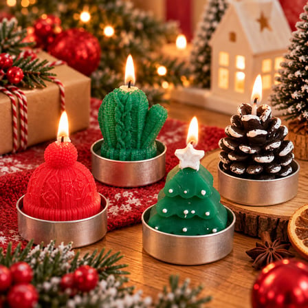 BakGelAl 12'li Yılbaşı Mum Seti - Kırmızı Şapka Yeşil Eldiven Çam Ağacı Kozalak Figürlü Dekoratif Tealight Mum