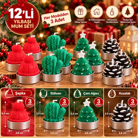 BakGelAl 12'li Yılbaşı Mum Seti - Kırmızı Şapka Yeşil Eldiven Çam Ağacı Kozalak Figürlü Dekoratif Tealight Mum