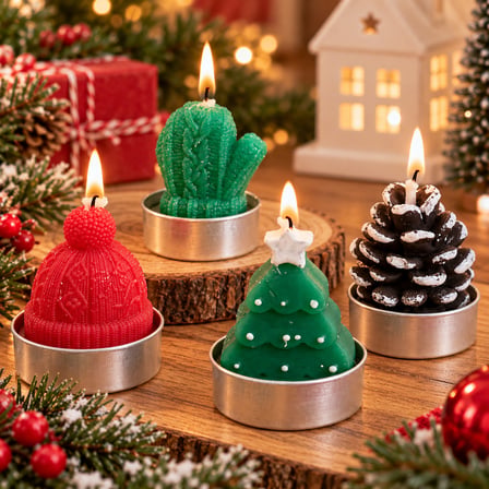 BakGelAl 12'li Yılbaşı Mum Seti - Kırmızı Şapka Yeşil Eldiven Çam Ağacı Kozalak Figürlü Dekoratif Tealight Mum