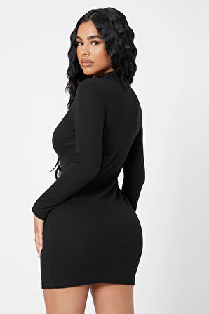 Kadın Siyah Kaşkorse Balıkçı Yaka Uzun Kollu Bodycon Mini Elbise - Siyah - L-XL