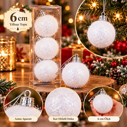 3'lü Lüks Yılbaşı Ağacı Top Süsü Seti (6 cm) - İp Dokulu & Işıltılı Süsleme Topları (Beyaz, Gold, Gümüş, Kırmızı)