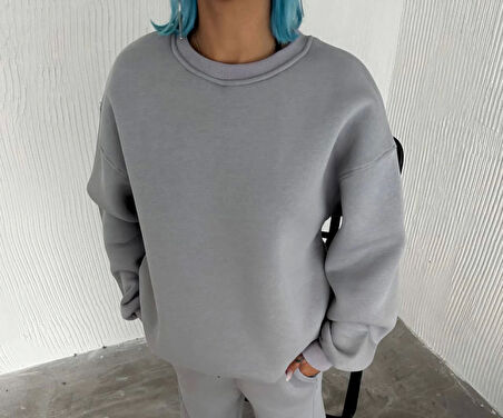 Kışlık Bisiklet Yaka Üç İplik Basic SweatShirt - Gri