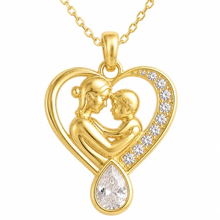 💎 Premium Parlak ve Şık Gold Renk Damla Taşlı Anne ve Bebek Model Kadın 925 Ayar Gümüş Kolye (45 cm)
