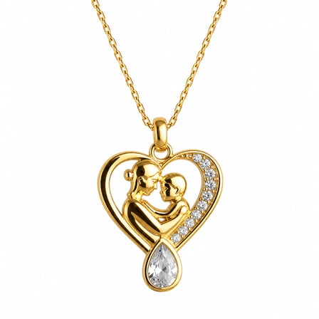 💎 Premium Parlak ve Şık Gold Renk Damla Taşlı Anne ve Bebek Model Kadın 925 Ayar Gümüş Kolye (45 cm)