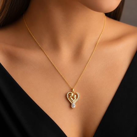 💎 Premium Parlak ve Şık Gold Renk Damla Taşlı Anne ve Bebek Model Kadın 925 Ayar Gümüş Kolye (45 cm)
