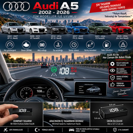 Audi A5 2002-2026 modeller için head up display hayalet gösterge ekranı ön cam hız göstergesi