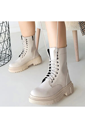 Caxa Bej Cilt Bağcıklı Bot - Lisinya