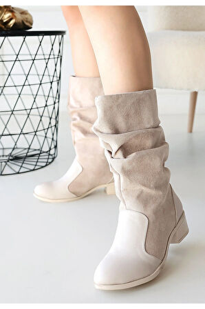 Jolin Bej Cilt Süet Detaylı Çizme