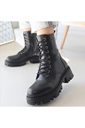 Flona Siyah Cilt Bağcıklı Bot