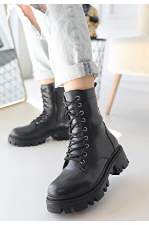 Flona Siyah Cilt Bağcıklı Bot