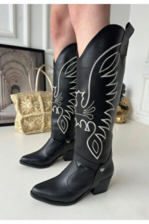 Jilla Siyah Cilt Tak Çıkar Topuklu Bot Ve Çizme