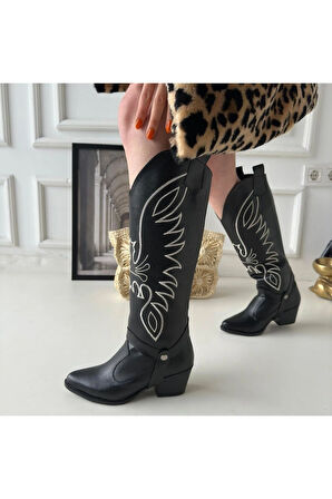 Jilla Siyah Cilt Tak Çıkar Topuklu Bot Ve Çizme