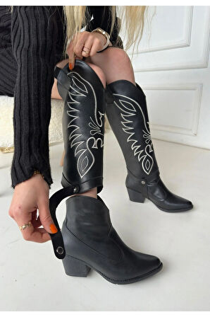 Jilla Siyah Cilt Tak Çıkar Topuklu Bot Ve Çizme