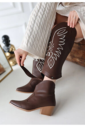 Jilla Kahverengi Cilt Tak Çıkar Topuklu Bot Ve Çizme