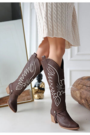 Jilla Kahverengi Cilt Tak Çıkar Topuklu Bot Ve Çizme