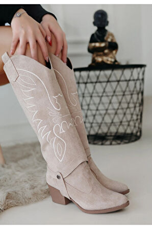 Jilla Bej Süet Tak Çıkar Topuklu Bot Ve Çizme