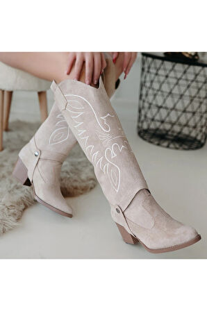 Jilla Bej Süet Tak Çıkar Topuklu Bot Ve Çizme