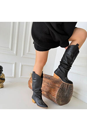 Jeoni Siyah Cilt Topuklu Çizme