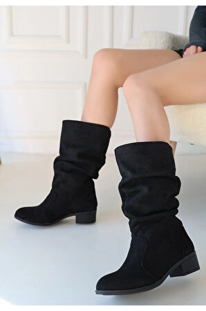 Jolin Siyah Süet Topuklu Çizme