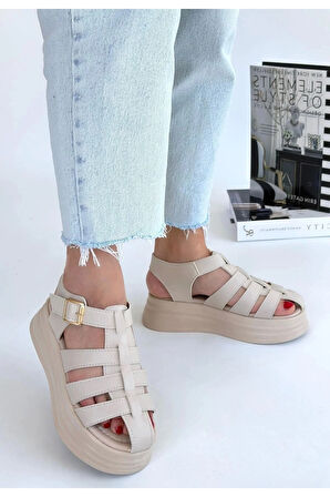 Bej Cilt Kemerli Sandalet Toten