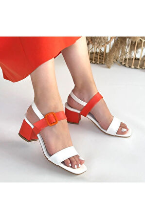 Year Beyaz Cilt Turuncu Detaylı Topuklu Ayakkabı