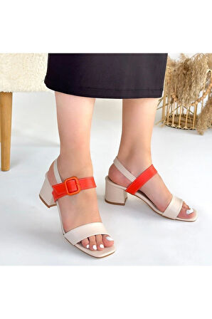 Year Bej Cilt Turuncu Detaylı Topuklu Ayakkabı